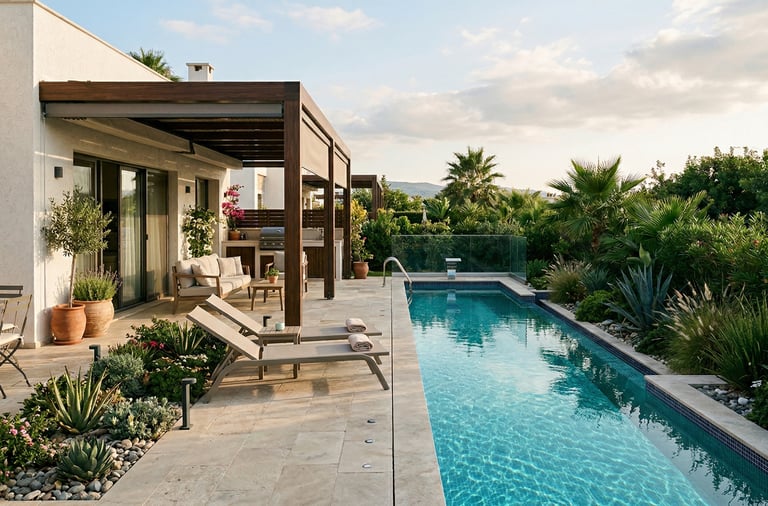 Luxury modern villa with a long swimming pool, wooden pergola patio, and tropical garden landscaping.