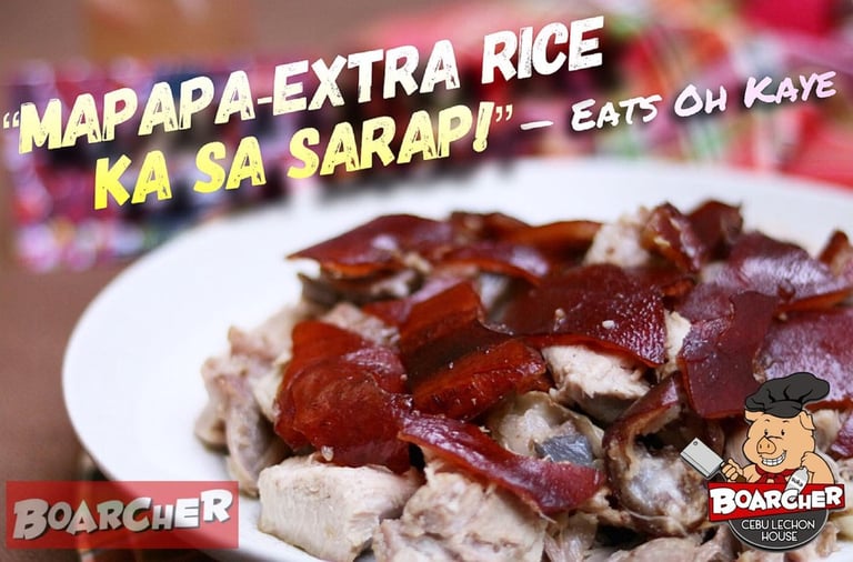 food review of boarcher cebu lechon house with photo of lechon on a plate