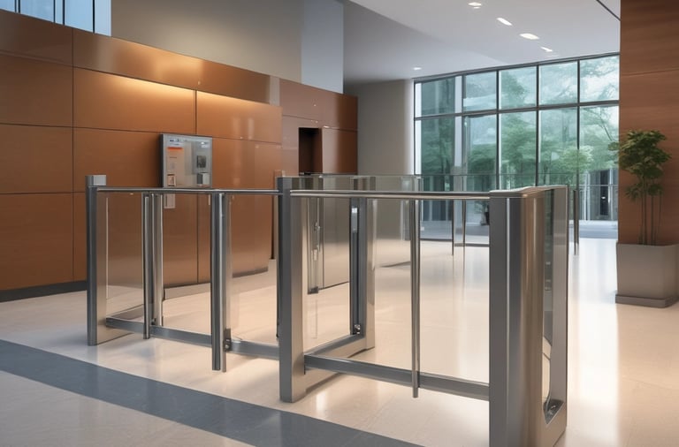 A modern office space with advanced technology equipment and a digital attendance system.