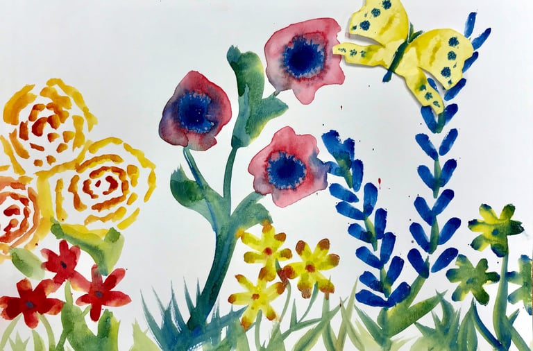 watercolor landscape featuring flowers and butterflies