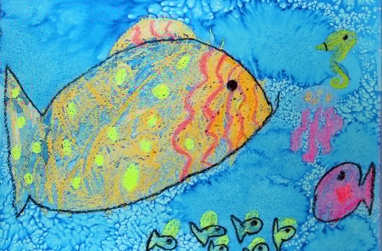 underwater sea creatures using crayons and watercolor wash