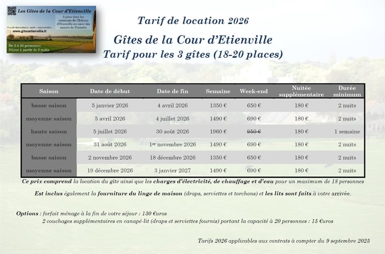 Tarifs Gîtes de la cour d'Etienville 2026 marais du Cotentin