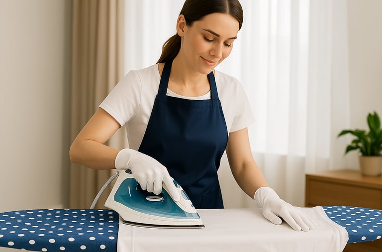 Pracownica firmy sprzątającej prasuje bieliznę domową podczas realizacji usługi prasowania w Gdańsku i Trójmieście.