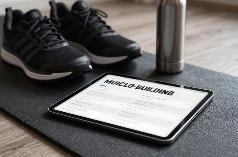 A sleek, professional photography shot of a tablet resting on a dark fitness mat. The screen displays a detailed muscle-building workout schedule with clean typography. In the background, a pair of premium black sneakers and a metallic water bottle are visible. West African / Nigerian modern interior setting.