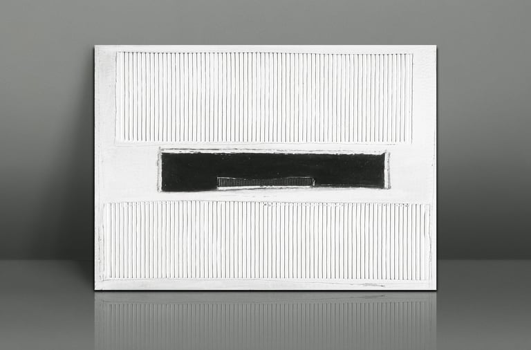 Minimalist abstract canvas art featuring black horizontal band and white vertical textured lines.