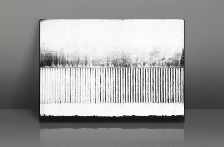 Minimalist black and white abstract wall art canvas featuring textured horizontal lines and a modern landscape style.