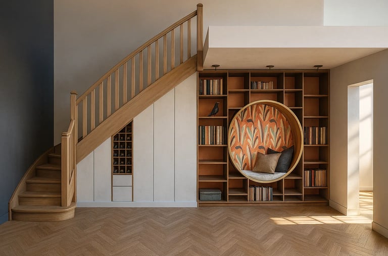 Modern interior featuring a wooden staircase and custom built-in bookshelf with a circular reading nook.