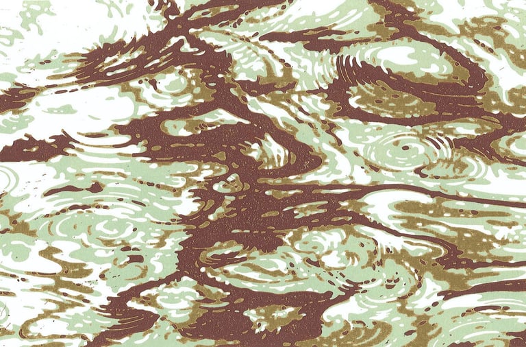 Linogravure couleur représentant des ondulations dans une flaque d’eau.