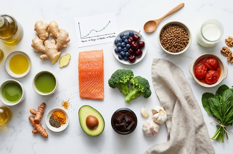 Flat lay of anti-inflammatory superfoods including salmon, broccoli, ginger, and turmeric for a healthy diet.