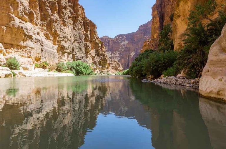 Jabbok River in Jordan, with cliffs on either side