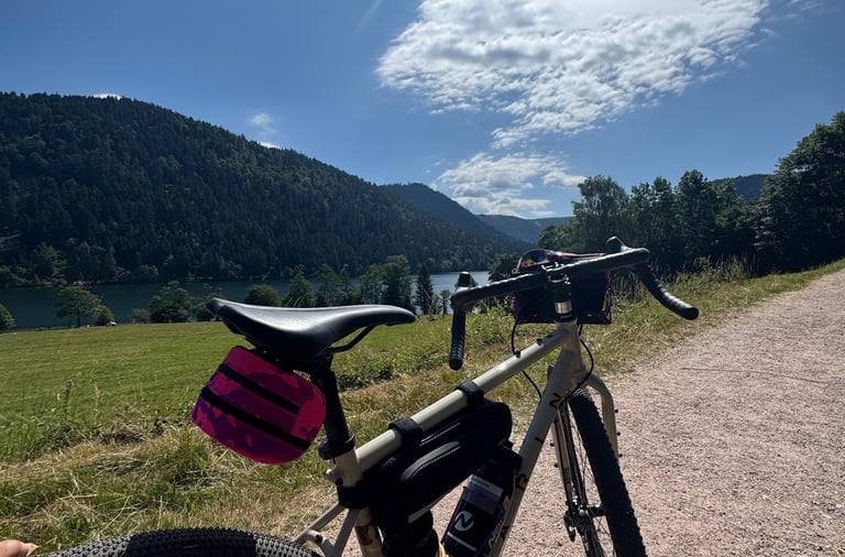 Gravel bike with bikepacking bags parked on a scenic dirt trail overlooking a lake and mountains.
