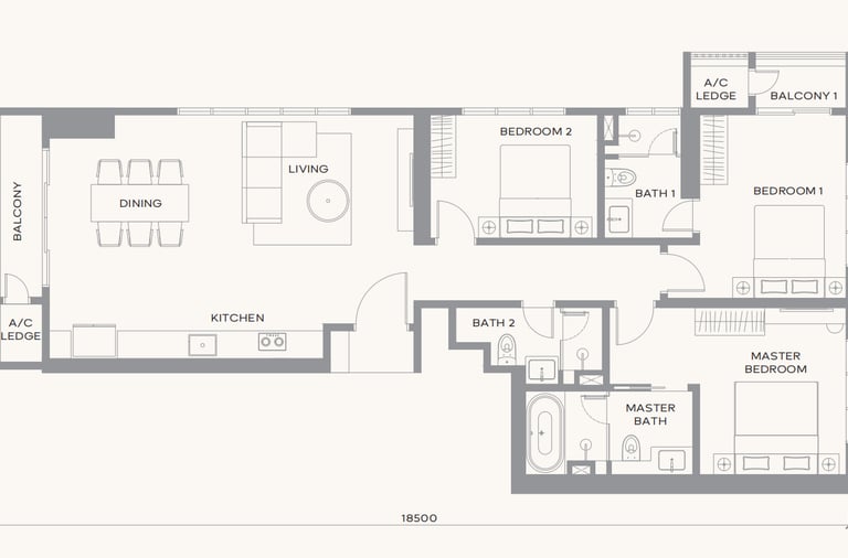 Modern 3-bedroom apartment floor plan with open kitchen, dining area, balcony, and master suite.
