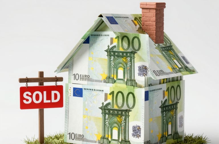A house model made of Euro banknotes with a red sold sign on a white background.