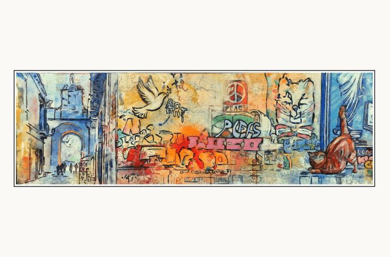 Pace by Coby Hurtak. Layered painting showing a blue archway and a cat near peace graffiti.