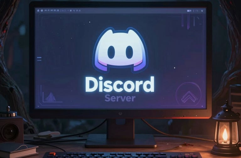 Group of gamers chatting and enjoying a horror survival game in a dark neon-lit room.