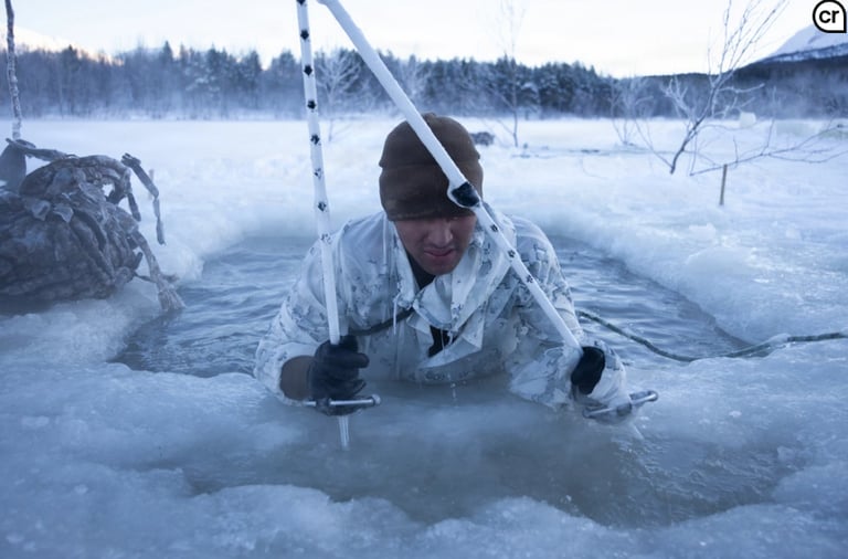 A soldier in winter camouflage performs cold weather survival training by exiting a frozen ice hole.