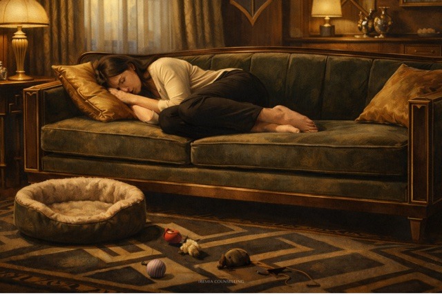 Sad woman laying on a green art deco couch next to n empty pet bed