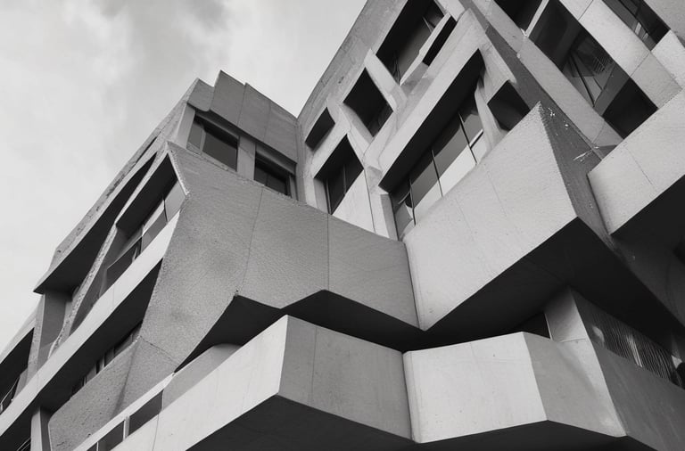 Low-angle black and white shot of a Brutalist architecture building with geometric concrete layers.