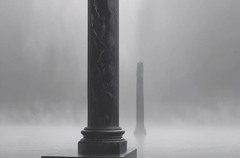 Black marble columns rising from calm water in a dense, atmospheric fog.