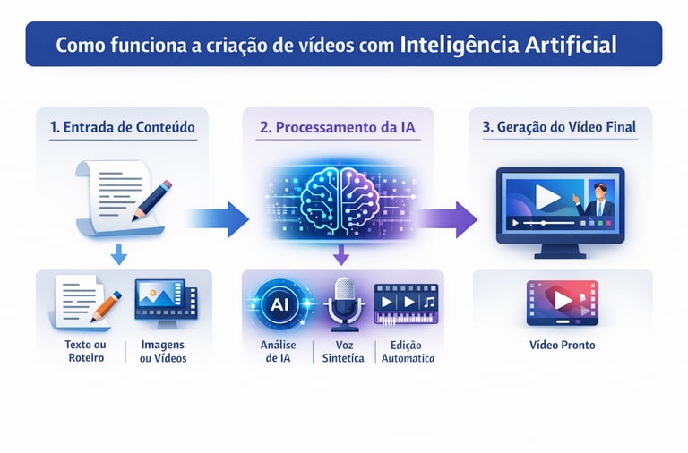 Infográfico mostrando como funciona a criação de vídeos com inteligência artificial em três etapas