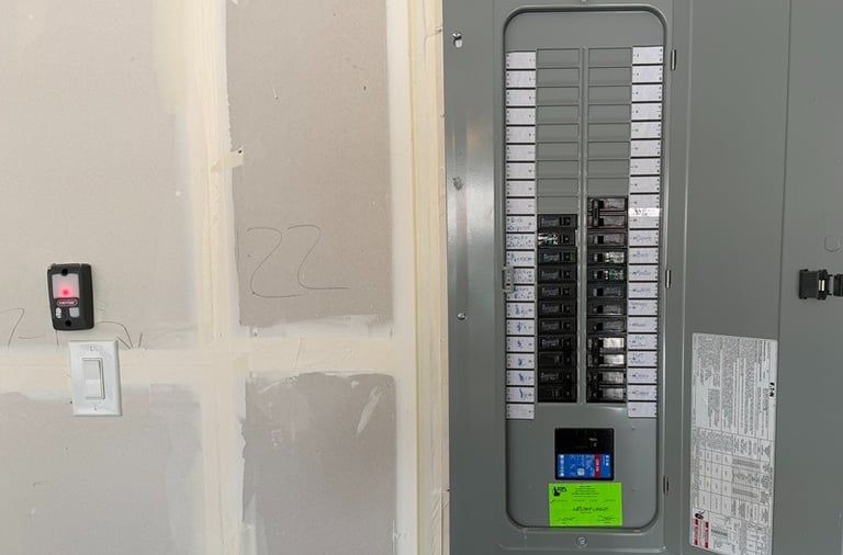 A residential electrical panel box with circuit breakers installed on a drywall surface.