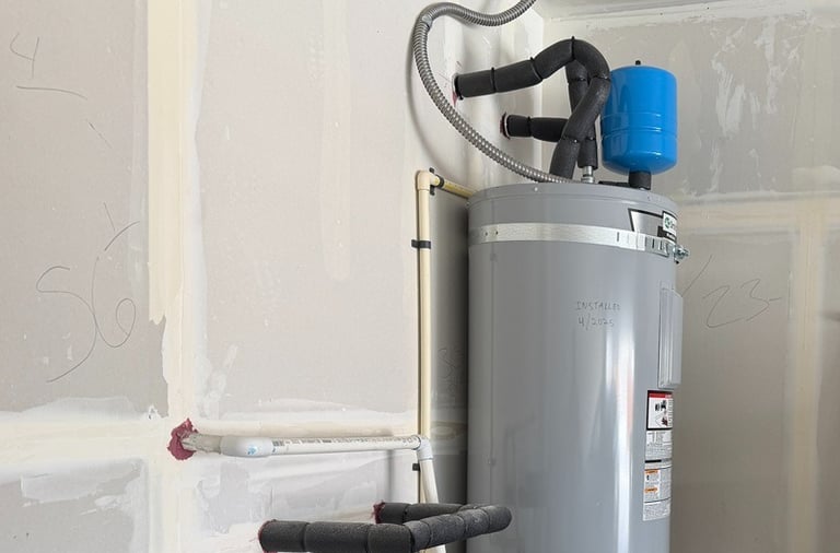 Newly installed electric water heater with blue water pressure tank and insulated pipes in a garage.