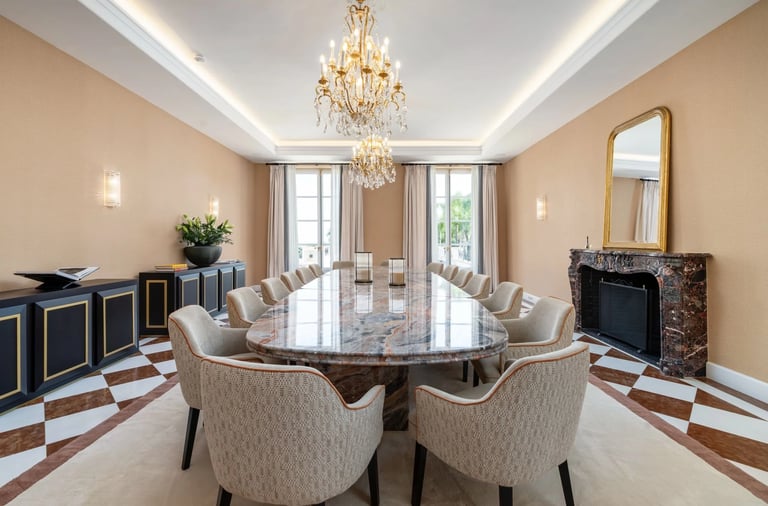 Formal dining room with chandelier and marble floor