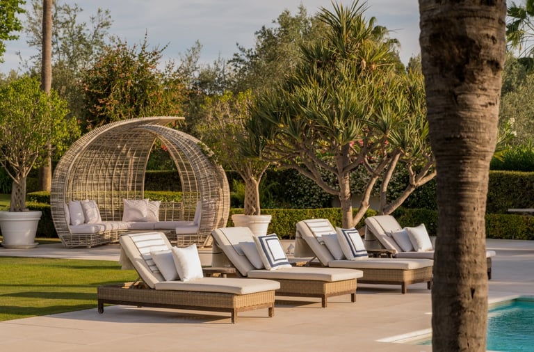 Outdoor loungers surrounded by tropical gardens at Villa El Olivo, Marbella.