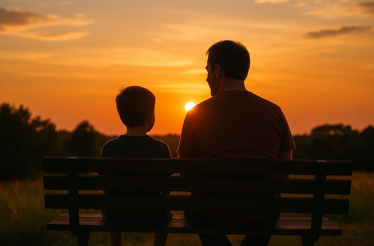 Father and son sit on a bench at sunset. A sense of quiet intimacy and curiosity