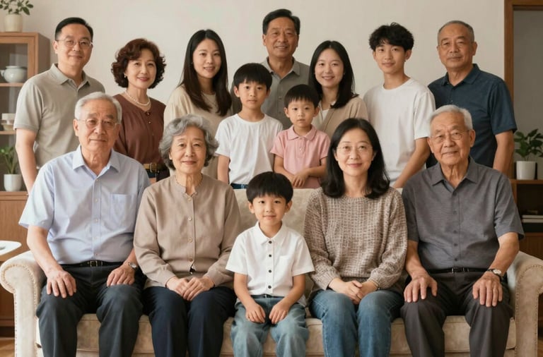 A multi-generational family posing on a swing by-the-sea swing.