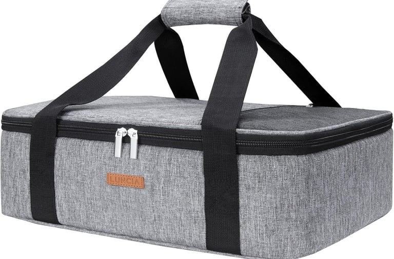 a gray and black lunch bag with a zipper closure