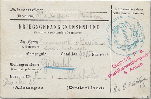 Kriegsgefangenensendung Geprüft F.a. Postüberwachungstelle 6. Armee