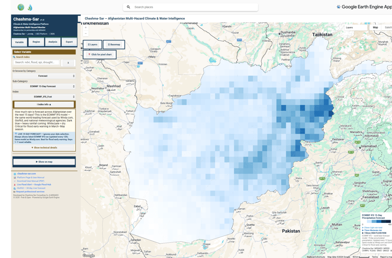 Multi-hazard climate and water intelligence map showing precipitation forecasts over Afghanistan and surrounding regions.