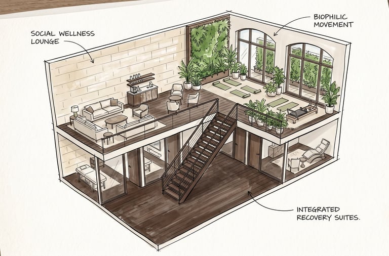 a macro architectural sketch of a premium wellness sanctuary