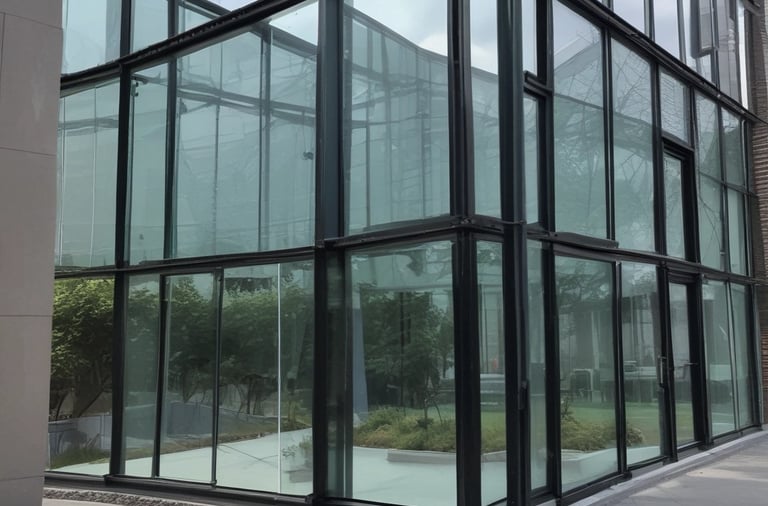 a large glass building with a clock on the outside