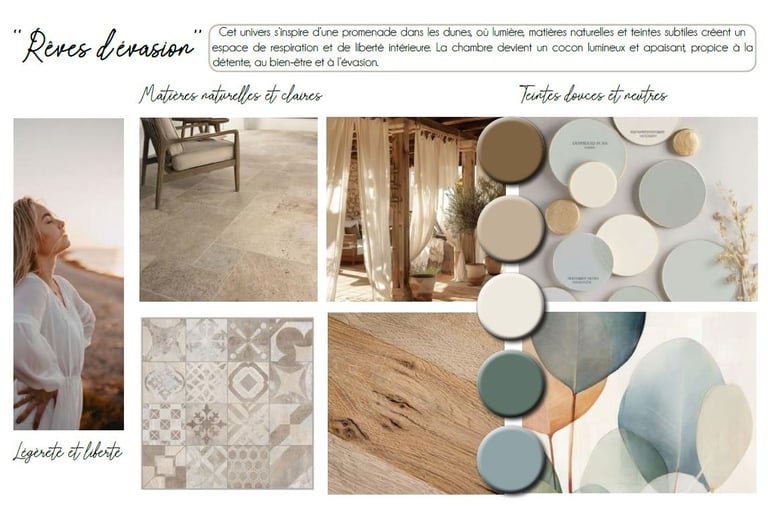 Planche d'ambiance décoration intérieure — matières naturelles et teintes douces, projet Rouge Desig