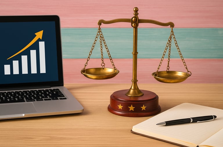 Bilancia dorata accanto a un laptop, simbolo dell'equilibrio tra lavoro e attività secondarie.