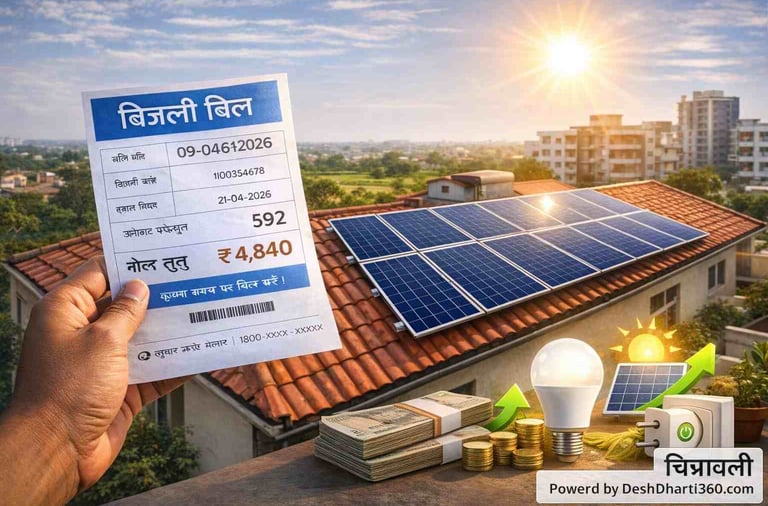 सोलर पैनल लगे घर के साथ बिजली बिल और ऊर्जा बचत संकेत