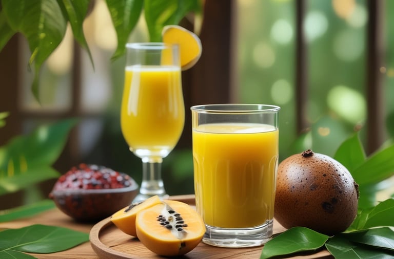 "Suco de jenipapo fresco servido em copos sobre bandeja de madeira, com jenipapo inteiro e cortado a