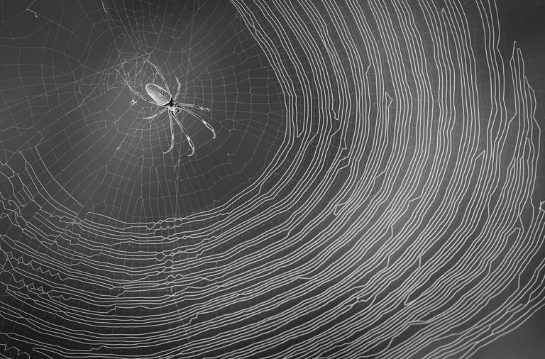 Quadro Fine Art em preto e branco com fotografia documental de teia de aranha no orvalho da manhã.