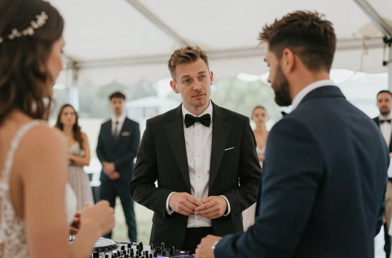 A DJ mixing music at a lively wedding reception with colorful lights.