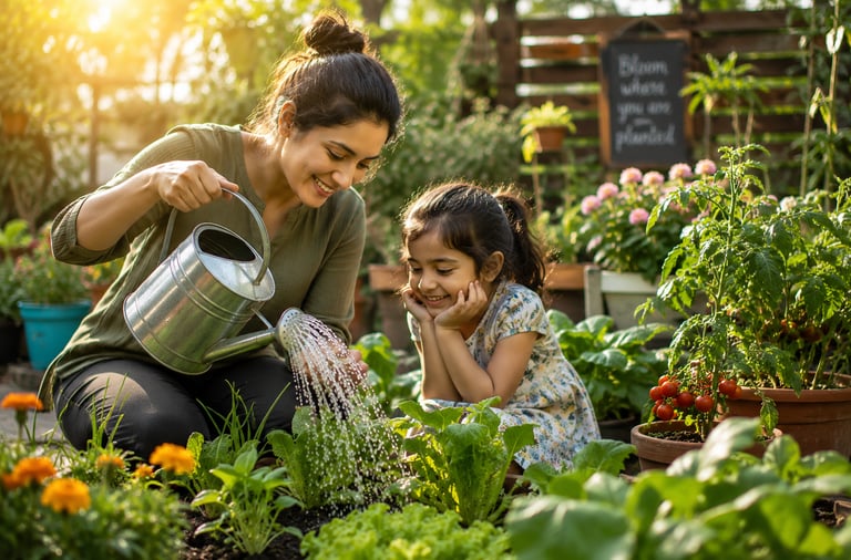 Beginner gardener watering healthy vegetable and flower plants in a sunny home garden