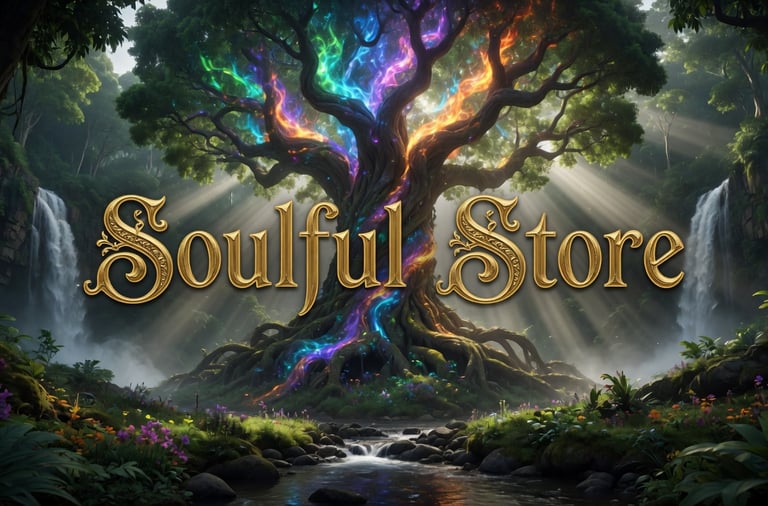 Soulful Store logo over a magical glowing fantasy tree of life with waterfalls and vibrant energy.