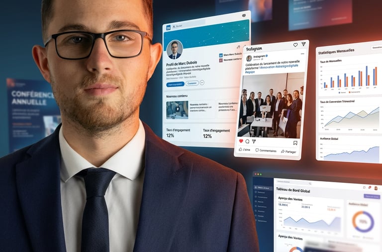 Professional businessman viewing digital marketing analytics dashboard and social media strategy icons.