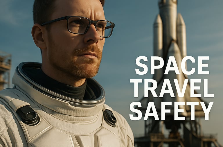 a man in a space suit and glasses with a space shuttle in the background