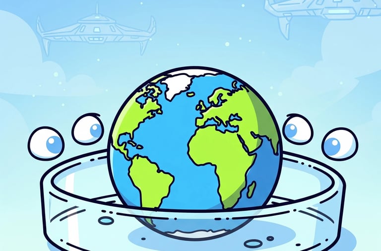 Stylized image of Earth in a petri dish, observed by subtle alien eyes, representing the Earth as an alien experiment