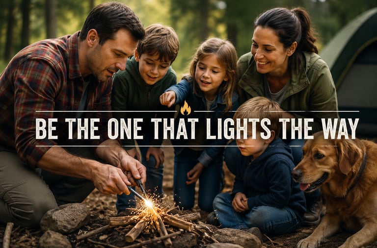 A Caucasian family of five with a dog outdoors starting a campfire