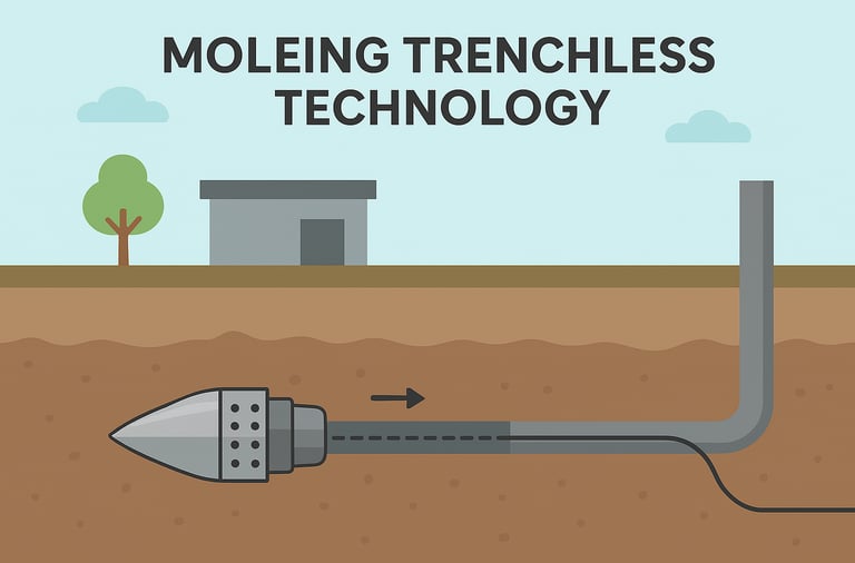 Diagram showing moleing trenchless technology for underground pipe installation without excavation.