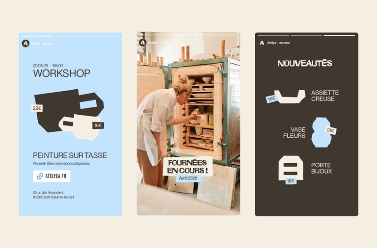 Déclinaison de l'identité visuelle pour Atelya, espace créatif et café par Tuuk studio