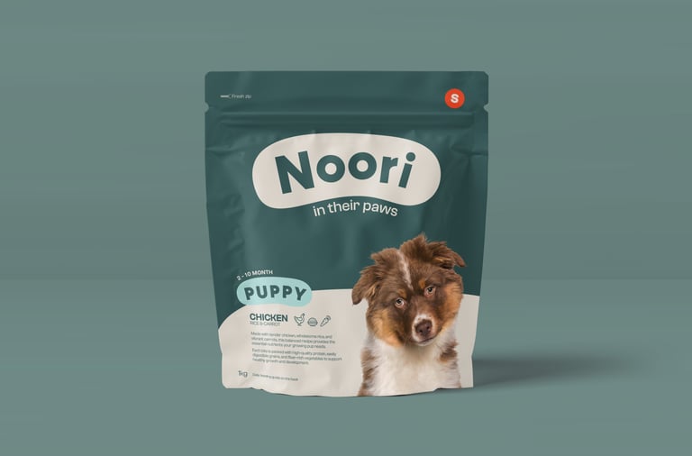 Déclinaison de l'identité visuelle de Noori, marque de petfood par Tuuk studio